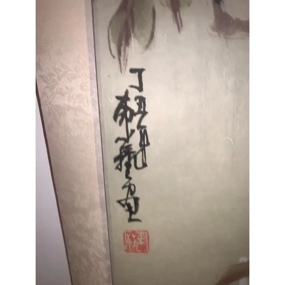 Vintage Asian Silk Scroll Bird Blossom Painting Kakejiku Wall Art w‎ Box